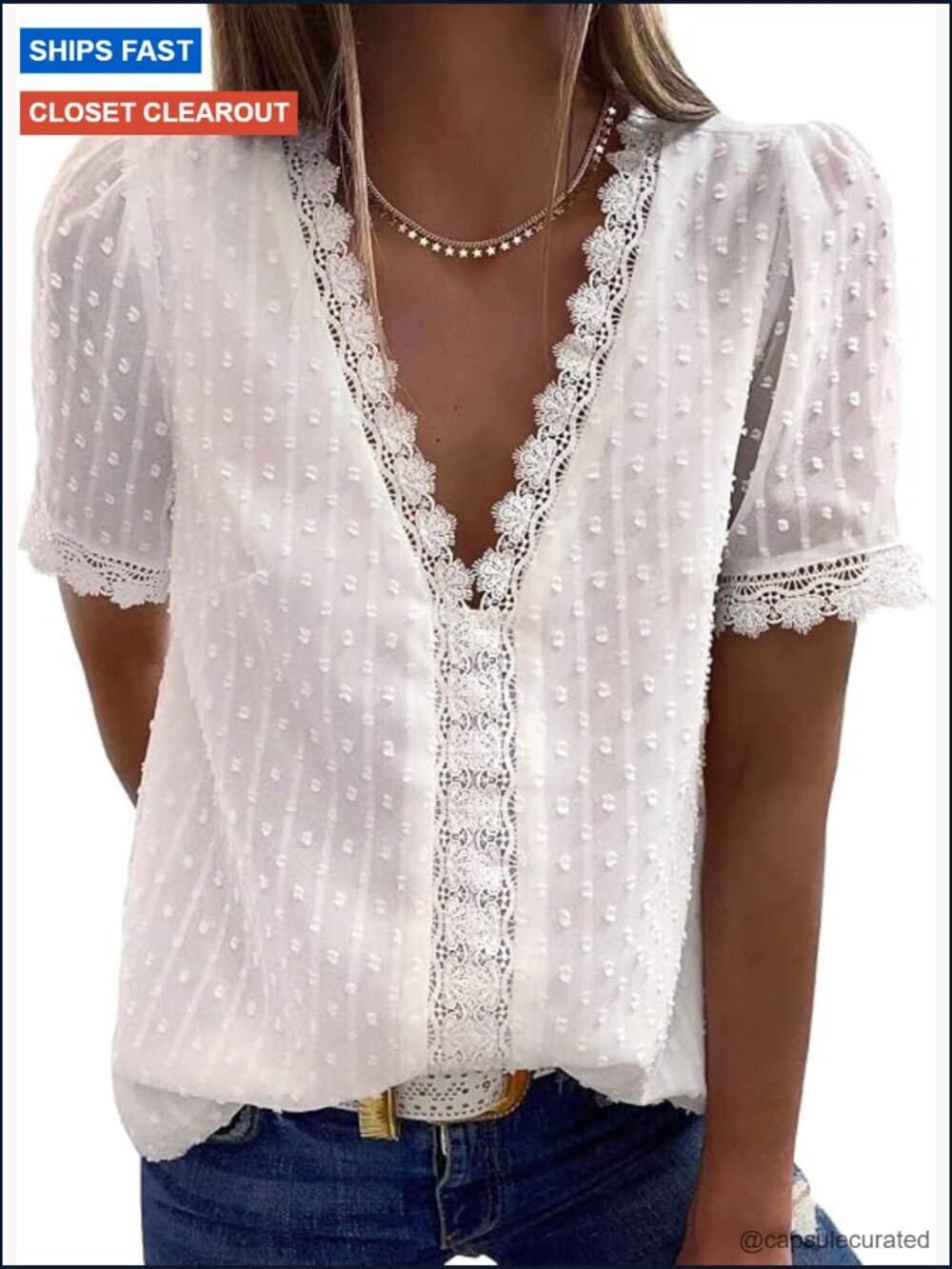 Boho Lace Crochet V Neck Tunic Top Dressy Casual Short Sleeve Blouse